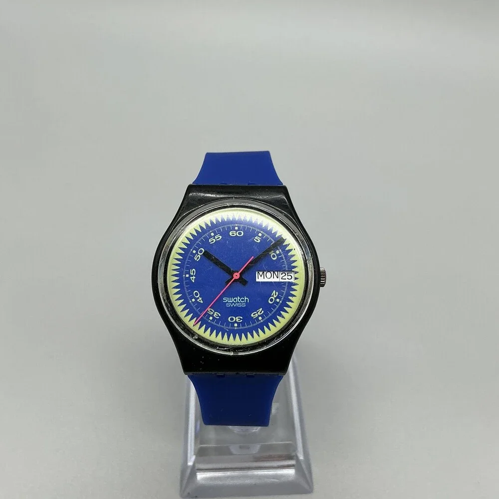Swatch Blue Neptun Mens Watch 34mm Blue Dial Swiss Day Date New Battery